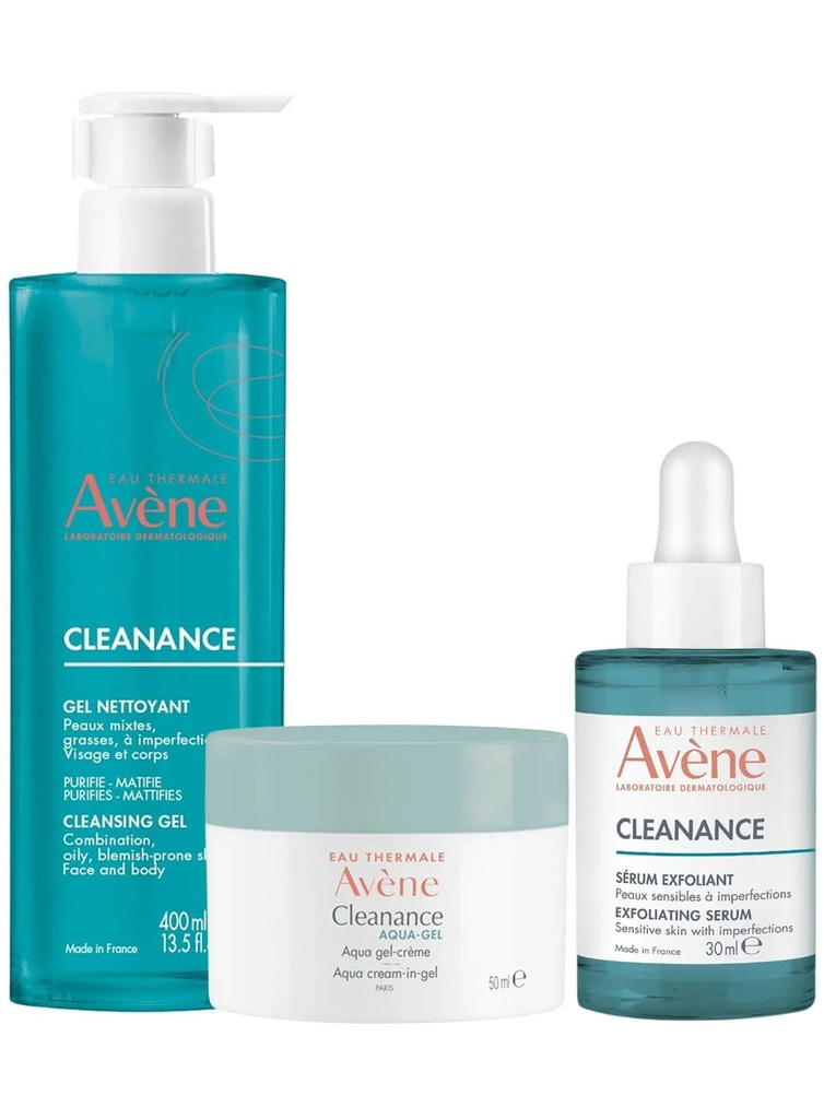 Pack Avene Cleanance Gel Limpiador 400 ml + Serum + Aqua-Gel